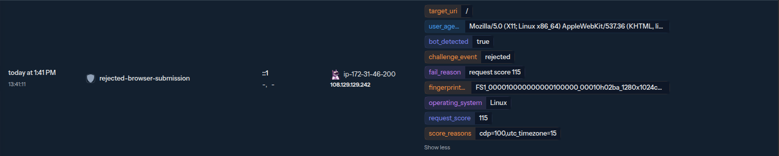 Score breakdown on a bot-detection alert in the Console