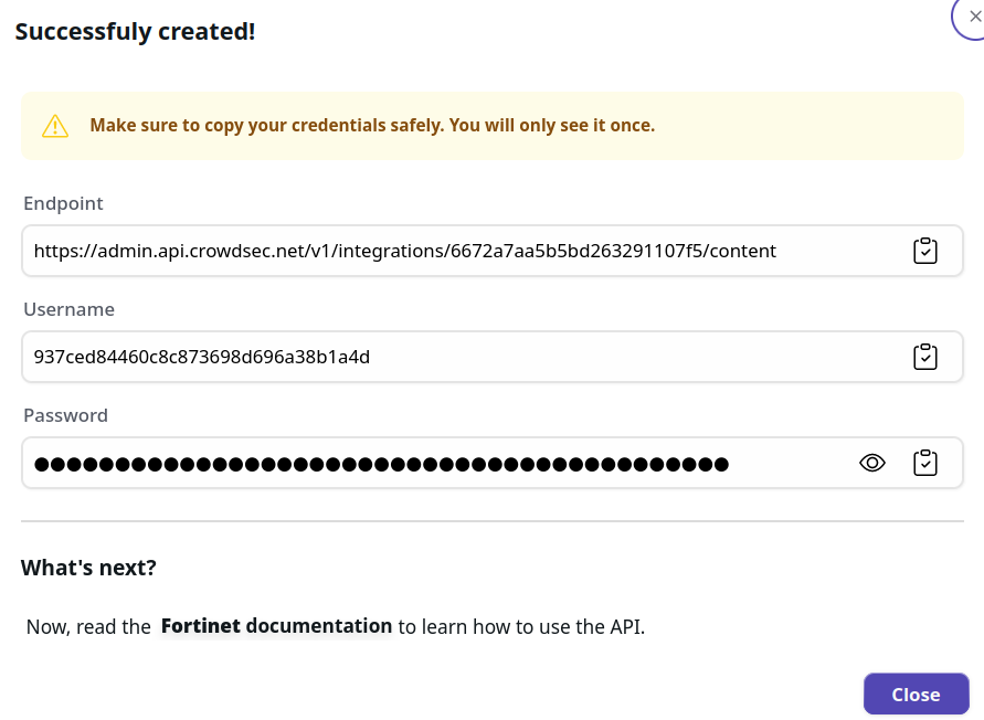 Fortinet Integration Credentials Screen